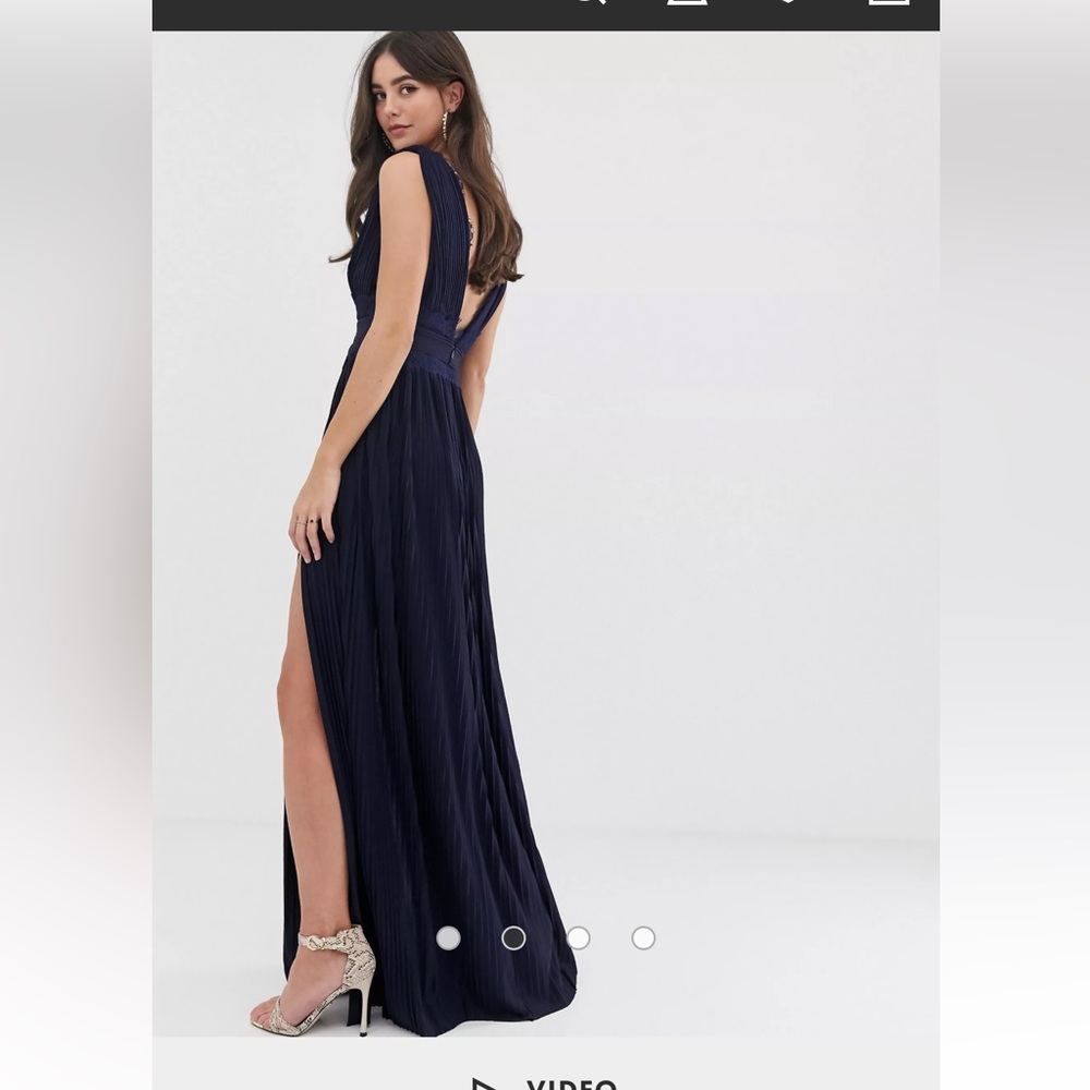 ASOS premium lace pleated maxi dress, navy Blue, deep V neck! Floor length dress